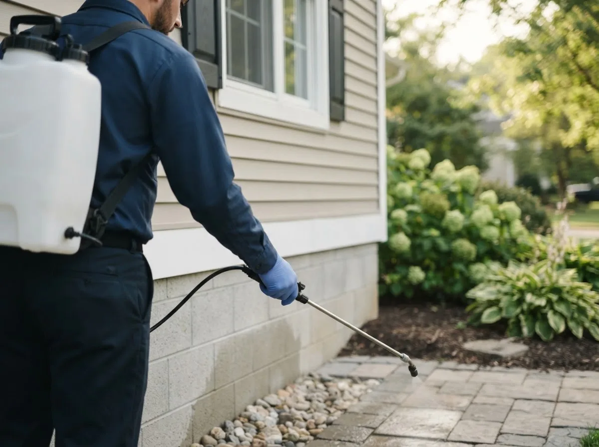 Pest control technician inspecting a home in Grant, OK